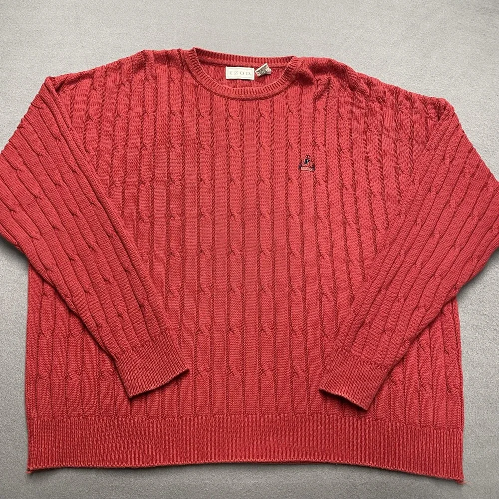 Vintage Izod Sweater Mens XL Red Cable Knit Pullover Crest Logo Made In USA‎ 90s
